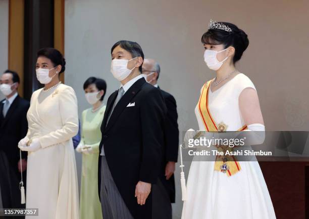 Princess Aiko attends her coming-of-age ceremony with Emperor Naruhito and Empress Masako at the Imperial Palace on December 5, 2021 in Tokyo, Japan.