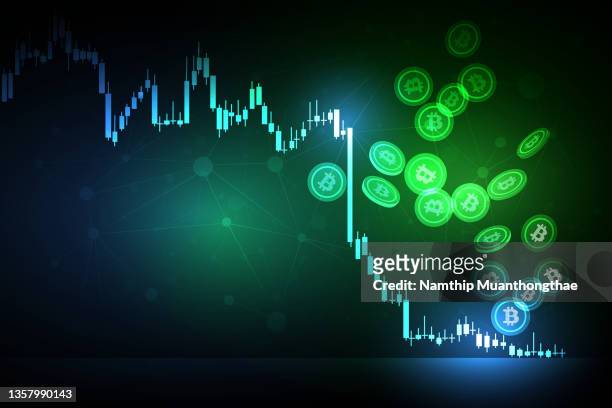 falling down cryptocurrency illustration concept shows the falling down graph of cryptocurrency with the symbol of bitcoin on the green neon light for making the financial background. - cryptocurrencies stockfoto's en -beelden