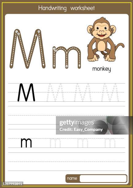 vector illustration of monkey with alphabet letter m upper case or capital letter for children learning practice abc - macaque stock illustrations