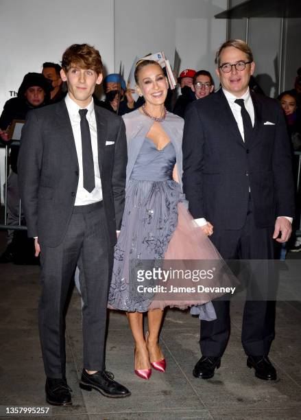 James Wilkie Broderick, Sarah Jessica Parker and Matthew Broderick arrive to premiere of "And Just Like That" at Museum of Modern Art on December 08,...