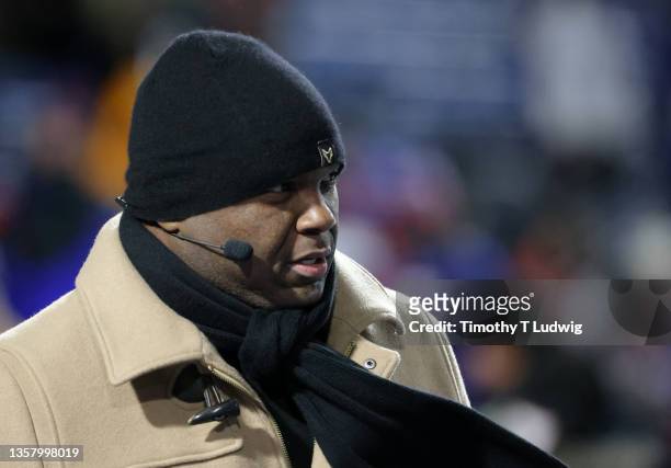 Analyst Booger McFarland on the field before a game between the Buffalo Bills and the New England Patriots at Highmark Stadium on December 6, 2021 in...