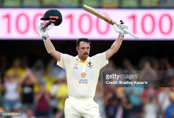 Travis Head of Australia celebrates after scoring a century during day two of the First Test Match in the Ashes series between Australia and England...