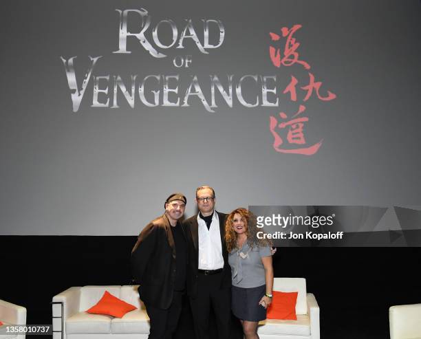 Fred Fontana, Adam T. Bernard and Salvy Maleki attend “Road Of Vengeance” Premiere Screening at The Montalban on December 08, 2021 in Hollywood,...