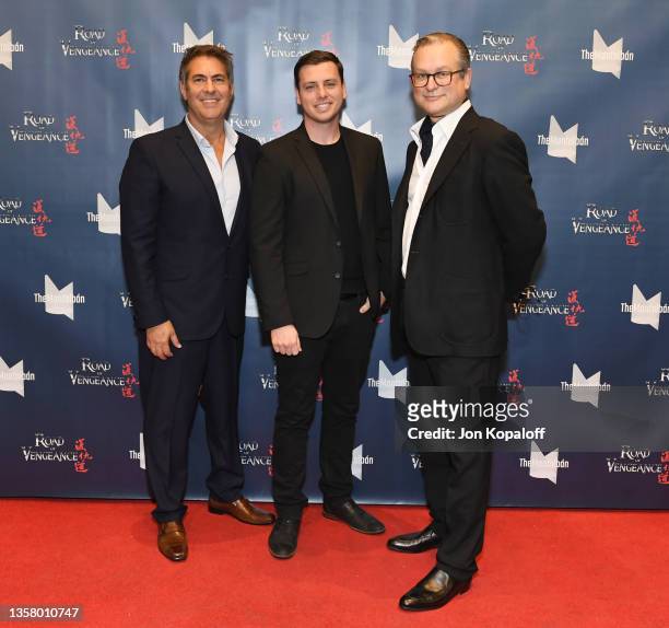 Mark Dayoub, Ryan Fisk and Adam T. Bernard attend “Road Of Vengeance” Premiere Screening at The Montalban on December 08, 2021 in Hollywood,...
