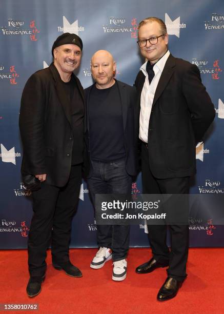 Fred Fontana, Michael Becker and Adam T. Bernard attend “Road Of Vengeance” Premiere Screening at The Montalban on December 08, 2021 in Hollywood,...