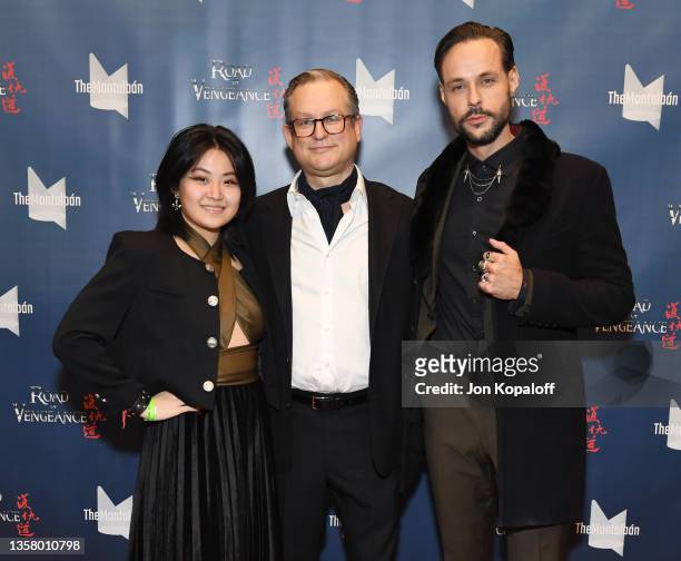 Tiffany Wu, Adam T. Bernard and Jeff Leach attend “Road Of Vengeance” Premiere Screening at The Montalban on December 08, 2021 in Hollywood,...