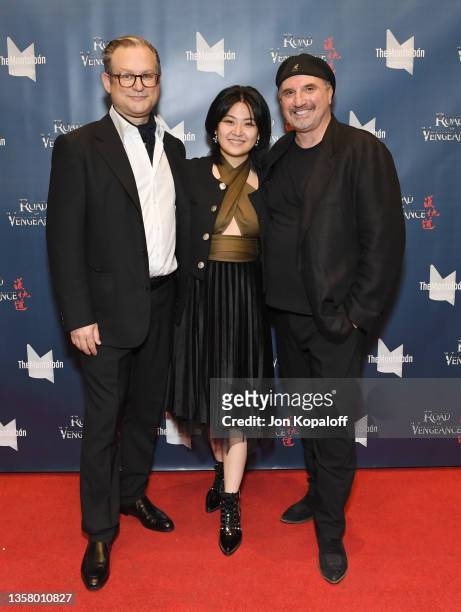 Adam T. Bernard, Tiffany Wu and Fred Fontana attend “Road Of Vengeance” Premiere Screening at The Montalban on December 08, 2021 in Hollywood,...
