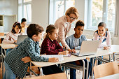 Group of elementary students having computer class with their teacher in the classroom.