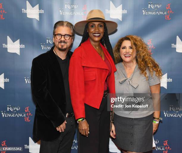 Andre Sogliuzzo, Sidney Clifton and Salvy Maleki attend “Road Of Vengeance” Premiere Screening at The Montalban on December 08, 2021 in Hollywood,...