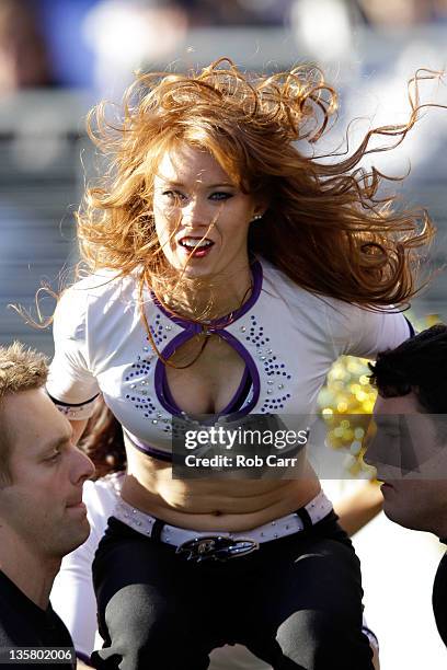 Baltimore Ravens cheerleader preforms during the first half of the Ravens and Indianapolis Colts game at M&T Bank Stadium on December 11, 2011 in...