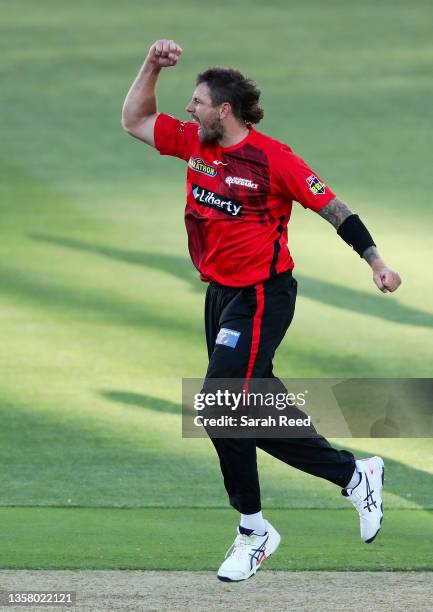 James Pattinson of the Renegades celebrates the wicket of Harry Nielsen of the Strikers, bowled for 14 runs during the Men's Big Bash League match...