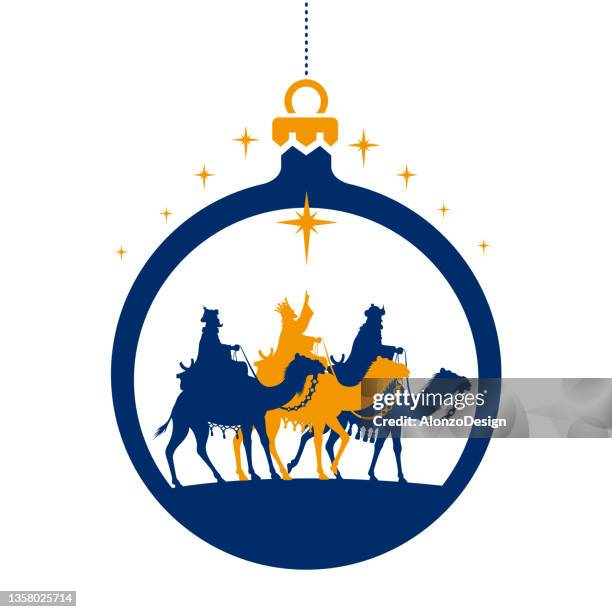 stockillustraties, clipart, cartoons en iconen met nativity scene. shining star and three wise men. christmas ball. - festieve stemming