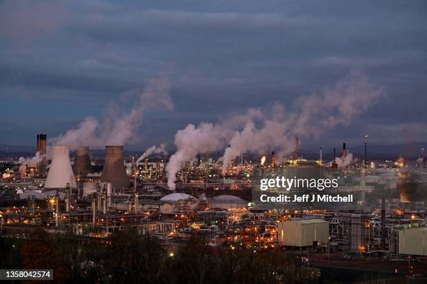 General view of the Grangemouth petrochemical plant on December 9, 2021 in Grangemouth, Scotland. The oil refinery complex run by Ineos located on...