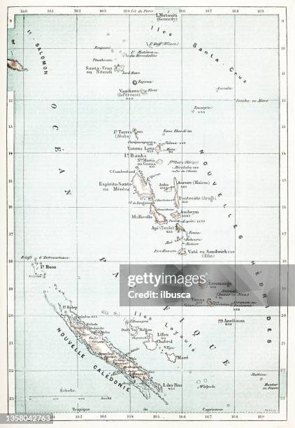 antique french map of new caledonia and new hebrides condominium - vanuatu stock illustrations