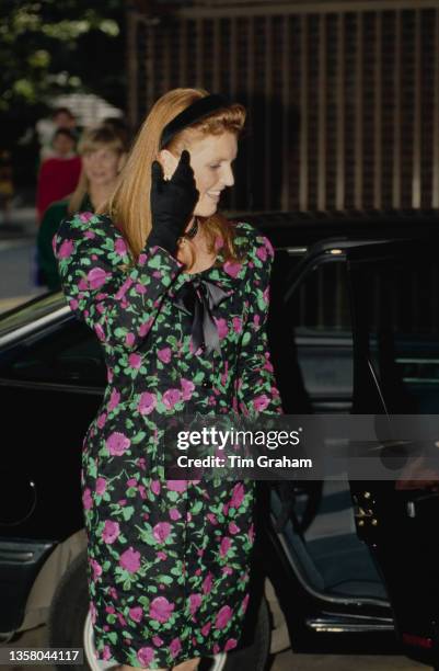 British Royal Sarah, Duchess of York, wearing a black floral pattern dress with a black headband, during a visit to the London Academy of Music and...