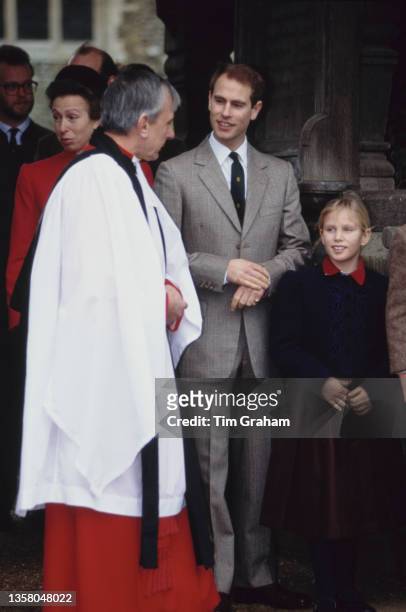 British Royals Anne, Princess Royal, Prince Edward, and Zara Phillips attend the Christmas Eve service at the Church of St Mary Magdalene on the...