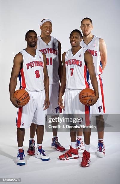 Ben Gordon, Charlie Villanueva, Brandon Knight and Tayshaun Prince of the Detroit Pistons pose for a photo during the Detroit Pistons media day at...