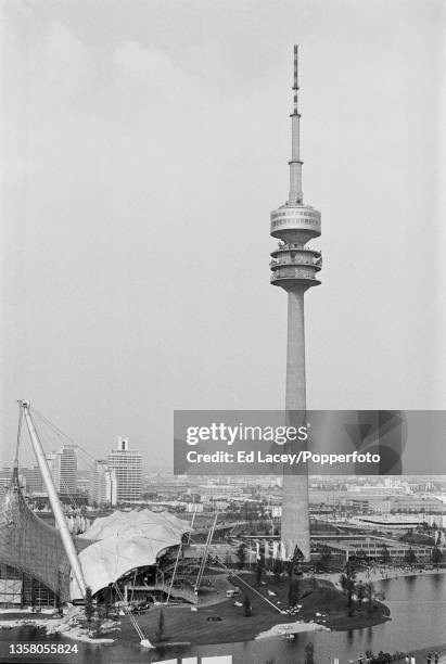 View of the Olympiaturm tower, a broadcast tower built in 1968 and located in the Olympiapark as the various venues prepare to host spectators and...