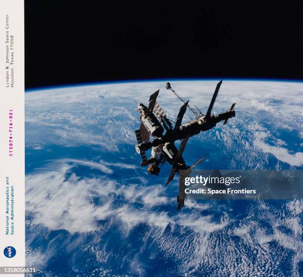 The Russian Space Station Mir, against a backdrop of the Planet Earth, as seen from Space Shuttle Atlantis mission STS-74, 12th to 20th November...