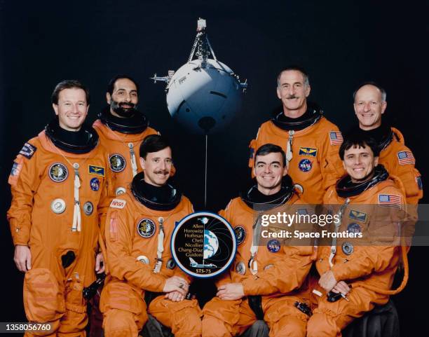 The crew portrait for Space Shuttle Columbia mission STS-75 American NASA astronaut Scott J Horowiz, American NASA astronaut Andrew M Allen, Costa...