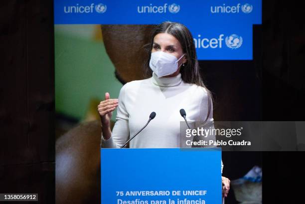 Queen Letizia of Spain attends the 75th anniversary of UNICEF at Caixa Forum on December 09, 2021 in Madrid, Spain.