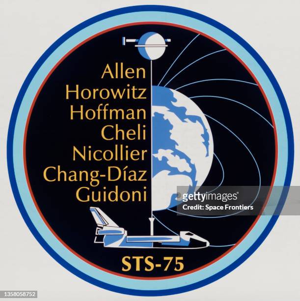 Mission insignia for STS-75 depicting the Space Shuttle Columbia and the Tethered Satellite connected by a 21 km electrically conduction tether,...