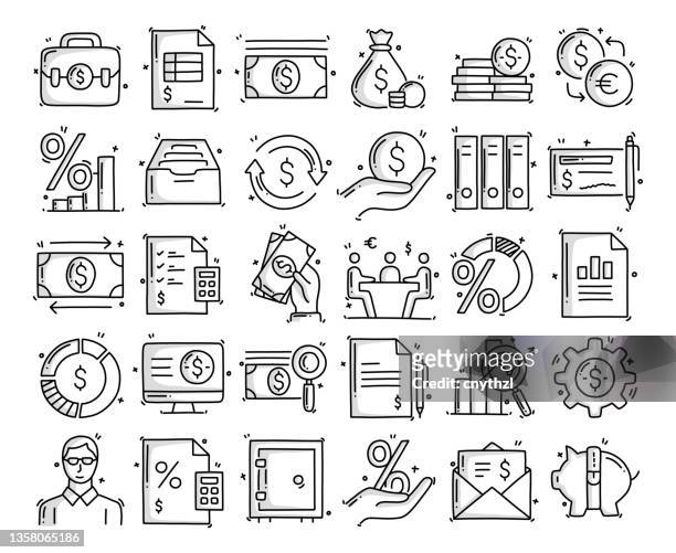 ilustrações de stock, clip art, desenhos animados e ícones de accounting related objects and elements. hand drawn vector doodle illustration collection. hand drawn icons set. - financial advisor stock illustrations