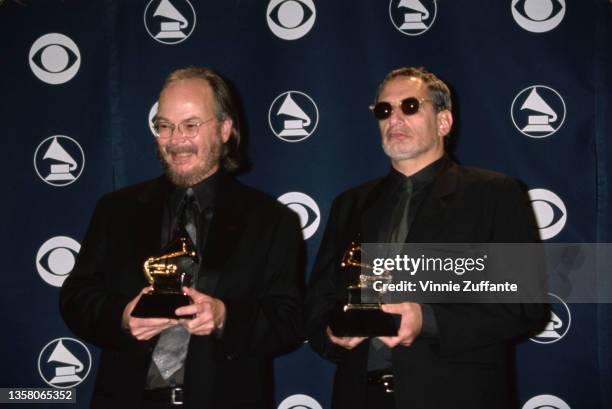 American musician and songwriter Walter Becker and American musician and songwriter Donald Fagen in the press room of the 43rd Annual lGrammy Awards,...