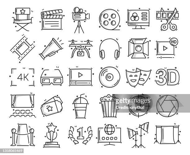 cinema and movie related objects and elements. hand drawn vector doodle illustration collection. hand drawn icons set. - gala icon stock illustrations