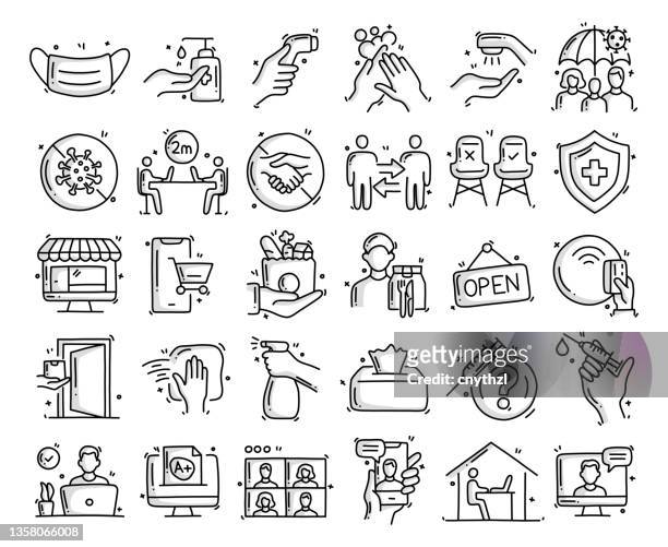 coronavirus 2019-ncov related objects and elements. hand drawn vector doodle illustration collection. hand drawn icons set. - epidemic icon stock illustrations