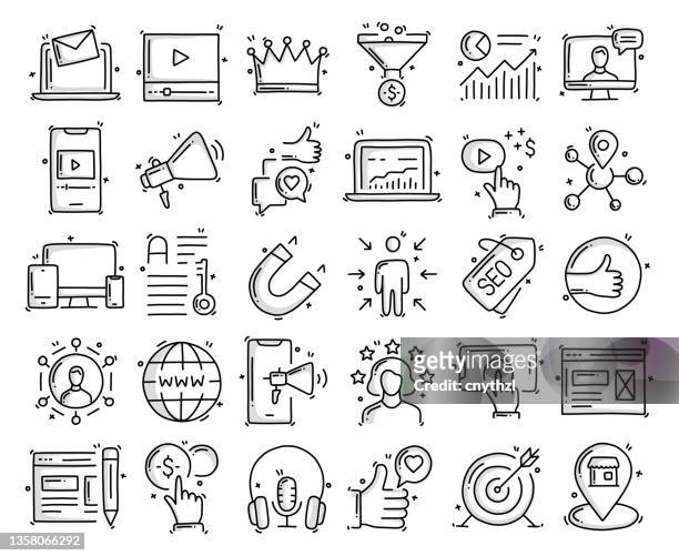 inbound marketing related objects and elements. hand drawn vector doodle illustration collection. hand drawn icons set. - styles stock illustrations