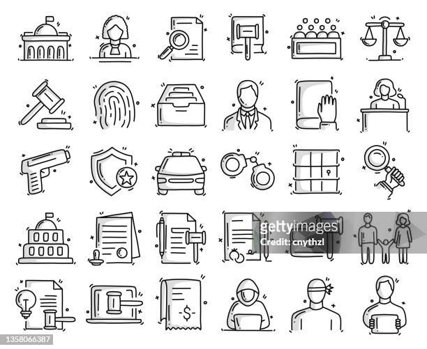 law and justice related objects and elements. hand drawn vector doodle illustration collection. hand drawn icons set. - true crime stock illustrations