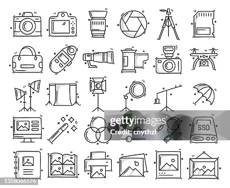 Photography Related Objects and Elements. Hand Drawn Vector Doodle Illustration Collection. Hand Drawn Icons Set. Photography Related Objects and Elements. Hand Drawn Vector Doodle Illustration Collection. Hand Drawn Icons Set.