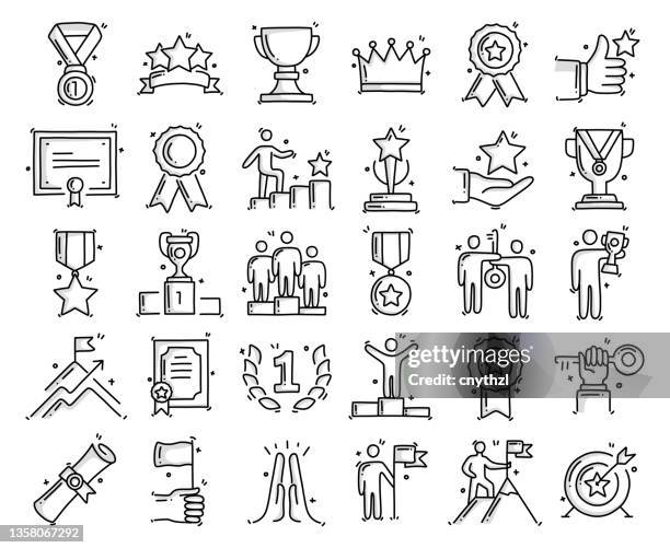 achievement and success related objects and elements. hand drawn vector doodle illustration collection. hand drawn icons set. - character leadership icons stock illustrations