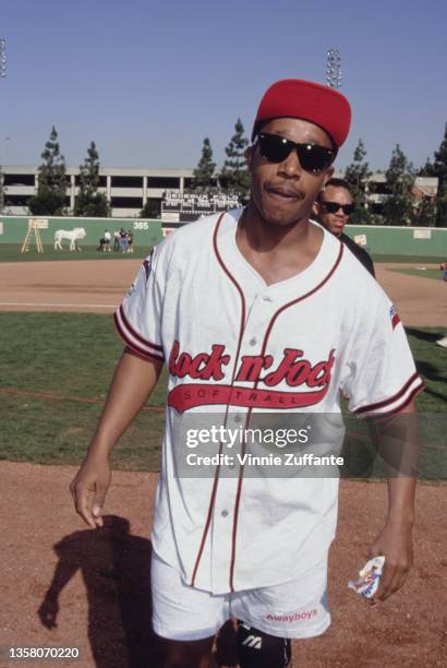 American rapper and dancer MC Hammer wearing a baseball cap, sunglasses and a Rock 'n Jock Awayboys shirt during MTV's 4th Annual MTV Rock N' Jock...