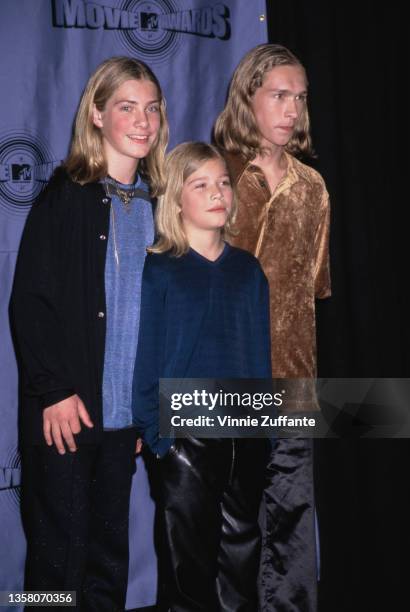 American power pop band Hanson attend the 1997 MTV Movie Awards, held at Barker Hangar at Santa Monica Airport in Santa Monica, California, 10th June...