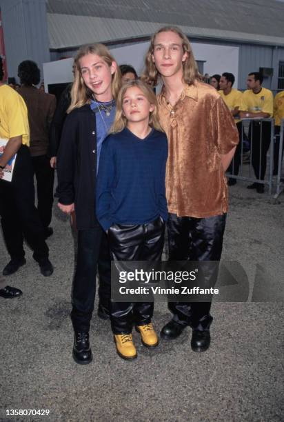American power pop band Hanson attend the 1997 MTV Movie Awards, held at Barker Hangar at Santa Monica Airport in Santa Monica, California, 10th June...