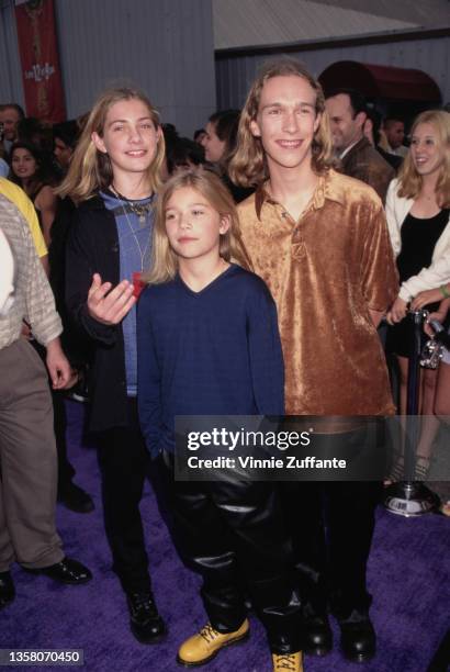 American power pop band Hanson attend the 1997 MTV Movie Awards, held at Barker Hangar at Santa Monica Airport in Santa Monica, California, 10th June...