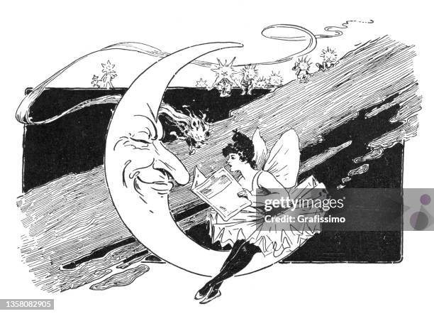 fairy woman reading newspaper on half moon drawing art nouveau 1896 - moon phases white background stock illustrations