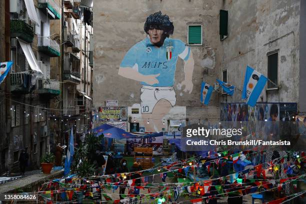 Mural of Ex-Napoli player Diego Maradona is seen in the Quartieri Spagnoli ahead of the UEFA Europa League group C match between SSC Napoli and...