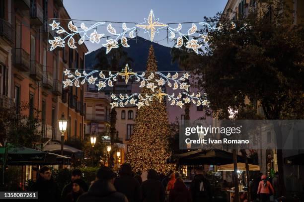 The Christmas tree exhibited in Piazza Sedile di Portanova during the Luci d'Artista exhibition on December 07, 2021 in Salerno, Italy. Luci...