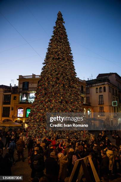The Christmas tree exhibited in Piazza Sedile di Portanova during the Luci d'Artista exhibition on December 07, 2021 in Salerno, Italy. Luci...