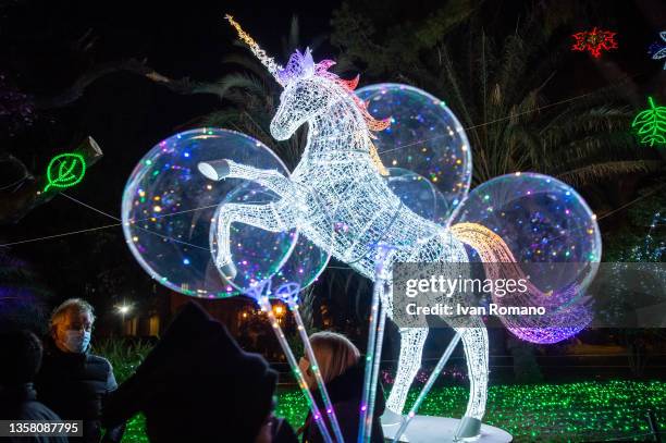 Christmas lights exhibited in Villa Comunale during the Luci d'Artista exhibition on December 07, 2021 in Salerno, Italy. Luci d'Artista is a...