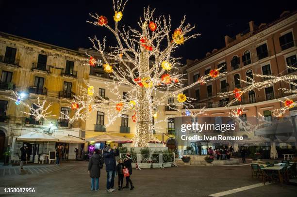 Christmas illuminations exhibited in Piazza Flavio Gioia during the Luci d'Artista exhibition on December 07, 2021 in Salerno, Italy. Luci d'Artista...