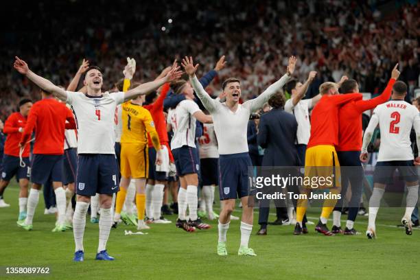 Declan Rice and Mason Mount celebrate the England victory after the final whistle during the England v Denmark Euro 2020 semi-final at Wembley...
