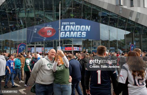 Fans arriving before the NFL London 2021 match between New York Jets and Atlanta Falcons at the Tottenham Hotspur Stadium on October 10th, 2021 in...