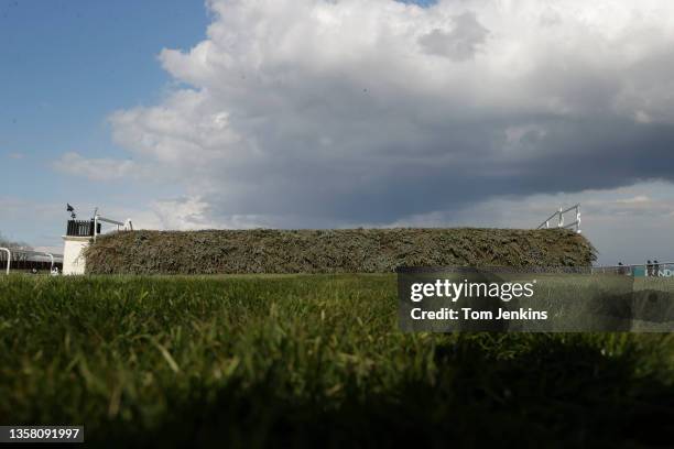 The daunting Chair fence just before the Grand National on day three of the Aintree Grand National racing festival 2021 at Aintree Racecourse on...