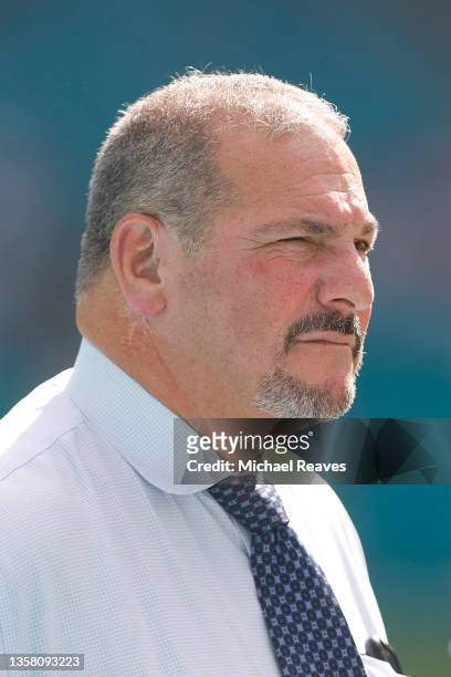 Senior Vice President and general manager Dave Gettleman of the New York Giants looks on prior to the game against the Miami Dolphins at Hard Rock...