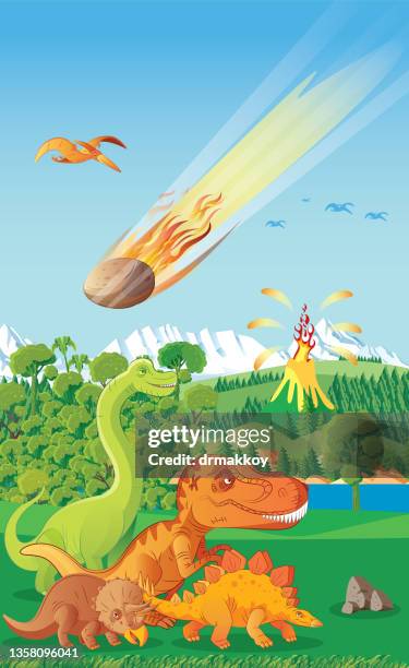 meteoritentreffer auf der erde und ausgestorbene dinosaurier - planet collision stock-grafiken, -clipart, -cartoons und -symbole