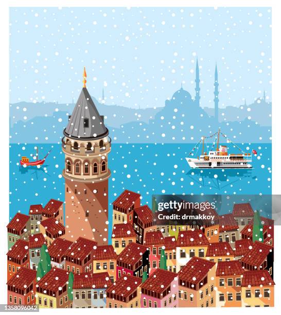 schneefall auf dem galataturm - galata tower stock-grafiken, -clipart, -cartoons und -symbole